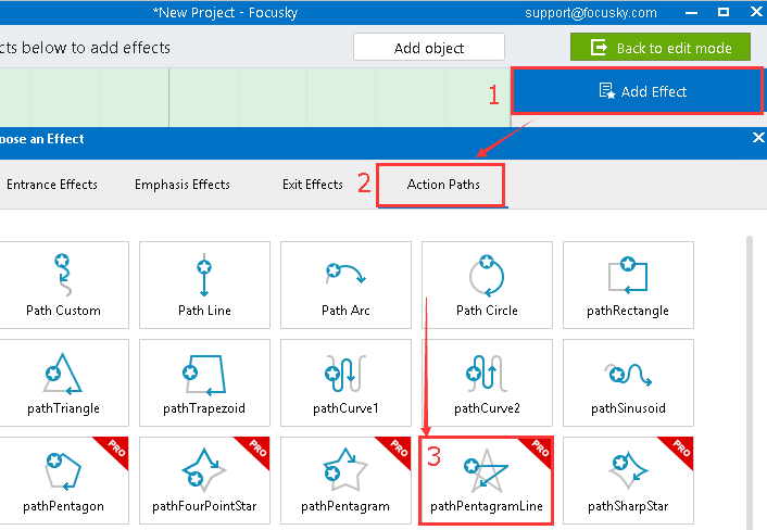 apply action path animation effect to the objects