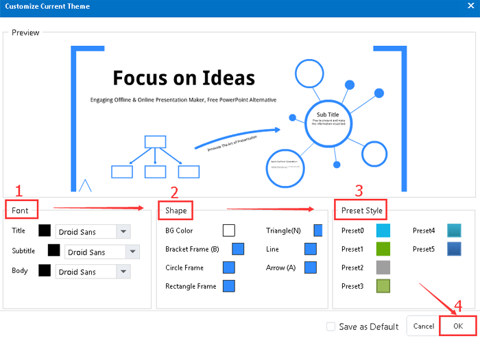  custom theme settings of the presentation