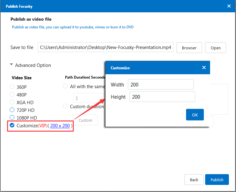 customize the video size 